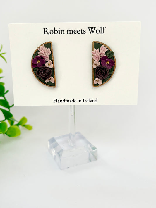 Elizabeth - Florals on a dark green background. Stud earring.