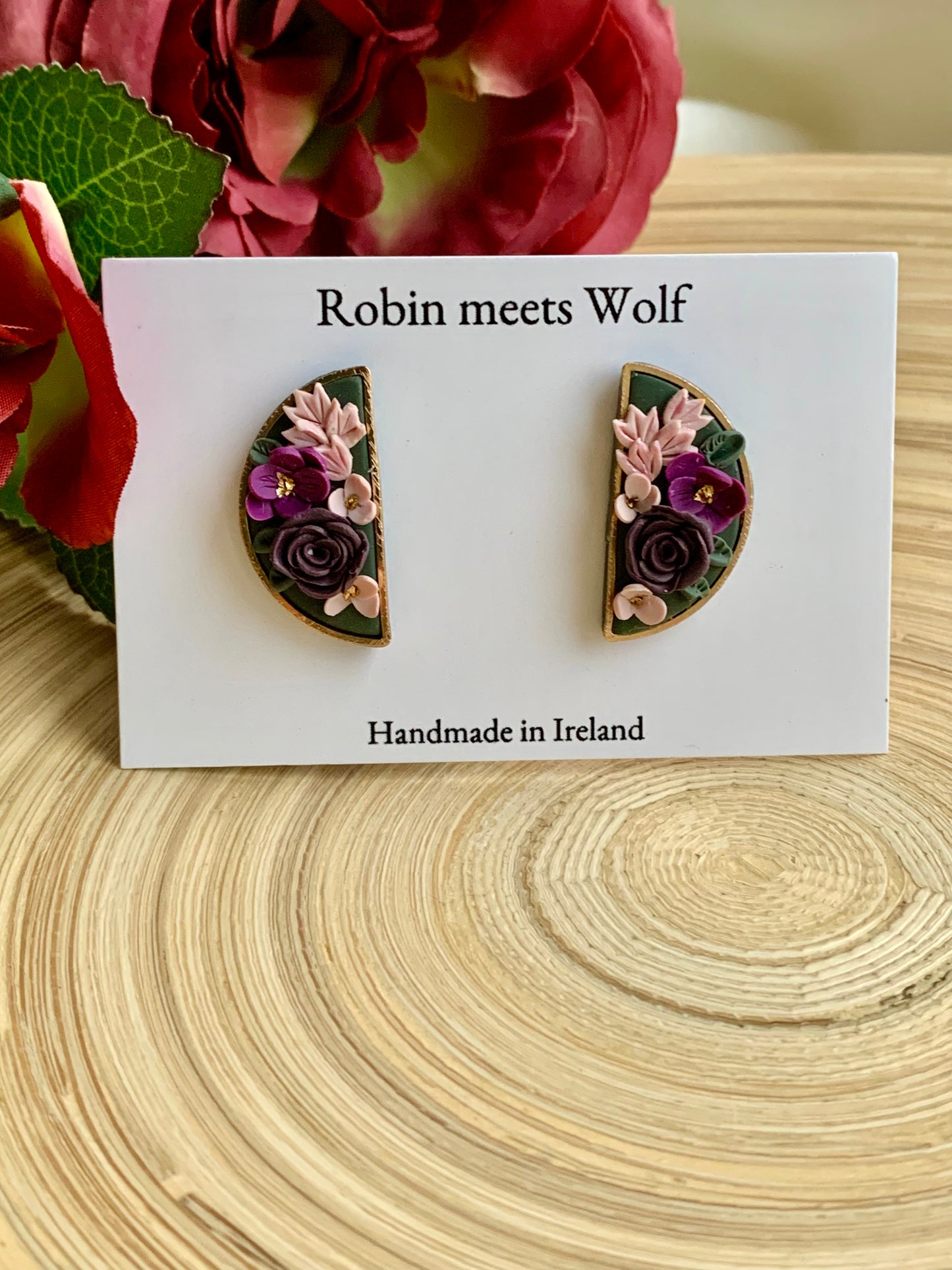 Elizabeth - Florals on a dark green background. Stud earring.